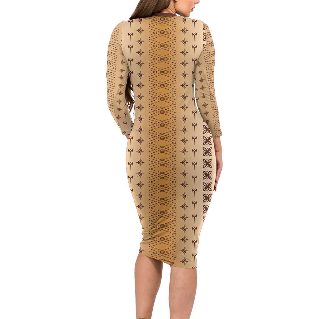 Beige Samoa Malu Tattoo Inspired Family Matching Long Sleeve Bodycon Dress and Hawaiian Shirt - Polynesian Pride