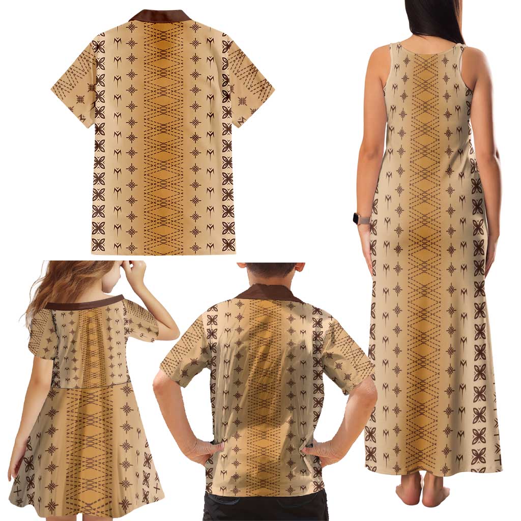 Beige Samoa Malu Tattoo Inspired Family Matching Tank Maxi Dress and Hawaiian Shirt - Polynesian Pride