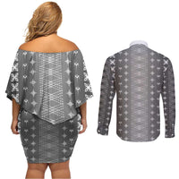 Black Samoa Malu Tattoo Inspired Couples Matching Off Shoulder Short Dress and Long Sleeve Button Shirt - Polynesian Pride