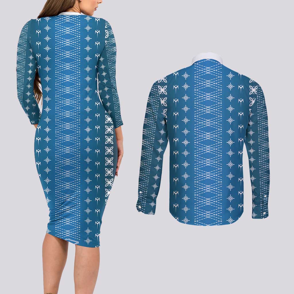 Blue Samoa Malu Tattoo Inspired Couples Matching Long Sleeve Bodycon Dress and Long Sleeve Button Shirt - Polynesian Pride