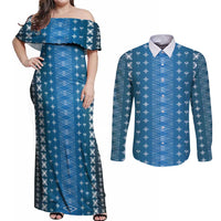 Blue Samoa Malu Tattoo Inspired Couples Matching Off Shoulder Maxi Dress and Long Sleeve Button Shirt - Polynesian Pride
