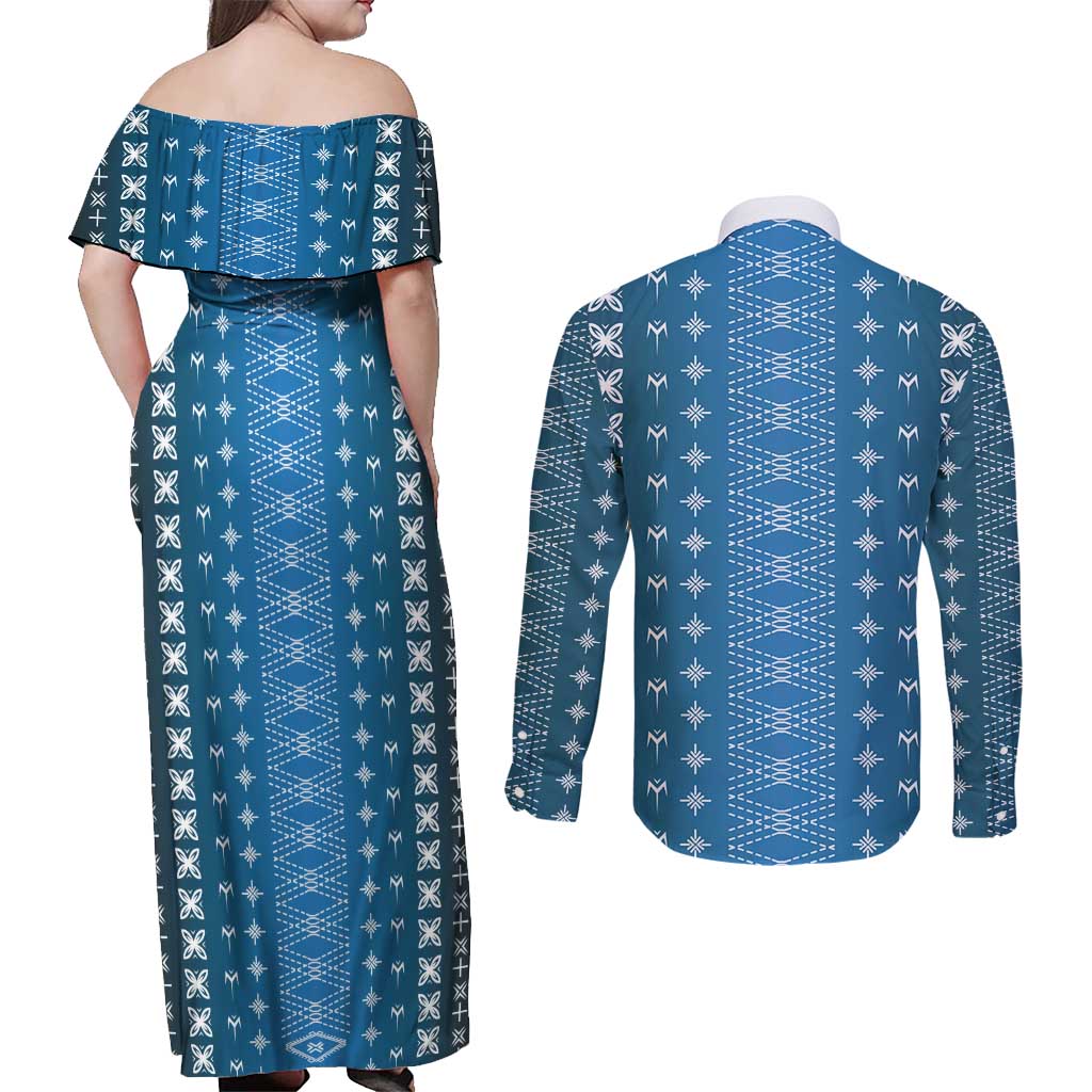Blue Samoa Malu Tattoo Inspired Couples Matching Off Shoulder Maxi Dress and Long Sleeve Button Shirt - Polynesian Pride