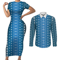 Blue Samoa Malu Tattoo Inspired Couples Matching Short Sleeve Bodycon Dress and Long Sleeve Button Shirt - Polynesian Pride
