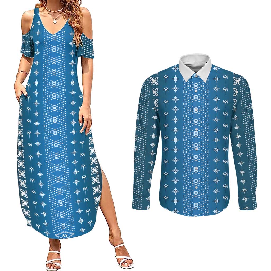 Blue Samoa Malu Tattoo Inspired Couples Matching Summer Maxi Dress and Long Sleeve Button Shirt - Polynesian Pride