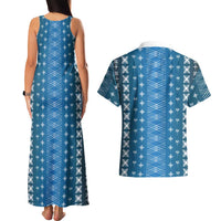 Blue Samoa Malu Tattoo Inspired Couples Matching Tank Maxi Dress and Hawaiian Shirt - Polynesian Pride