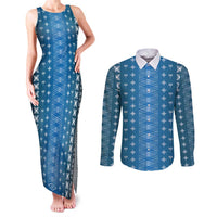 Blue Samoa Malu Tattoo Inspired Couples Matching Tank Maxi Dress and Long Sleeve Button Shirt - Polynesian Pride