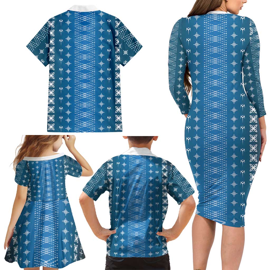 Blue Samoa Malu Tattoo Inspired Family Matching Long Sleeve Bodycon Dress and Hawaiian Shirt - Polynesian Pride