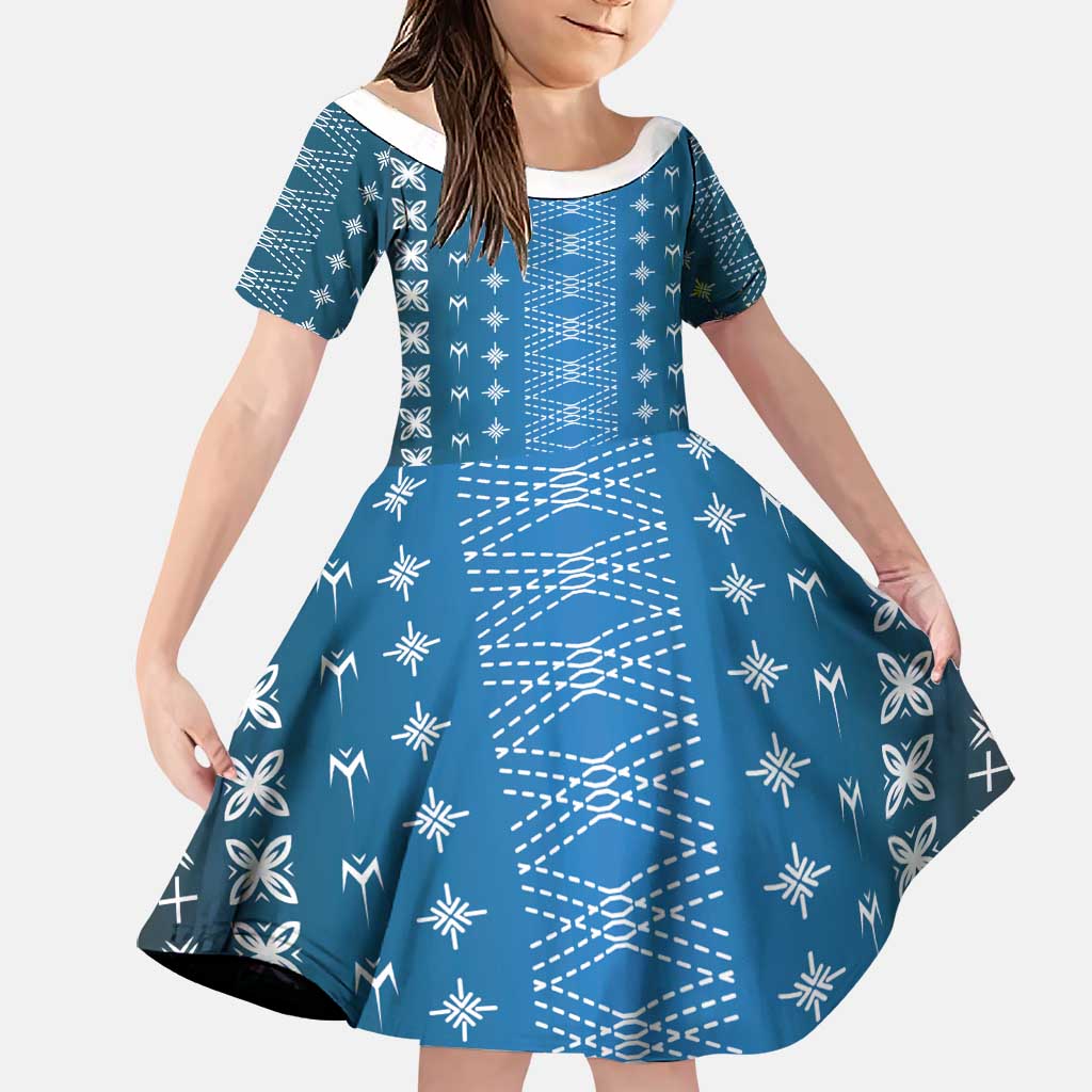 Blue Samoa Malu Tattoo Inspired Family Matching Off The Shoulder Long Sleeve Dress and Hawaiian Shirt - Polynesian Pride
