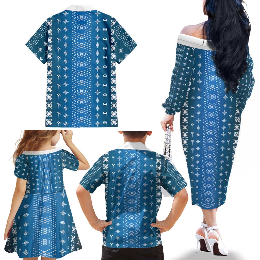 Blue Samoa Malu Tattoo Inspired Family Matching Off The Shoulder Long Sleeve Dress and Hawaiian Shirt - Polynesian Pride