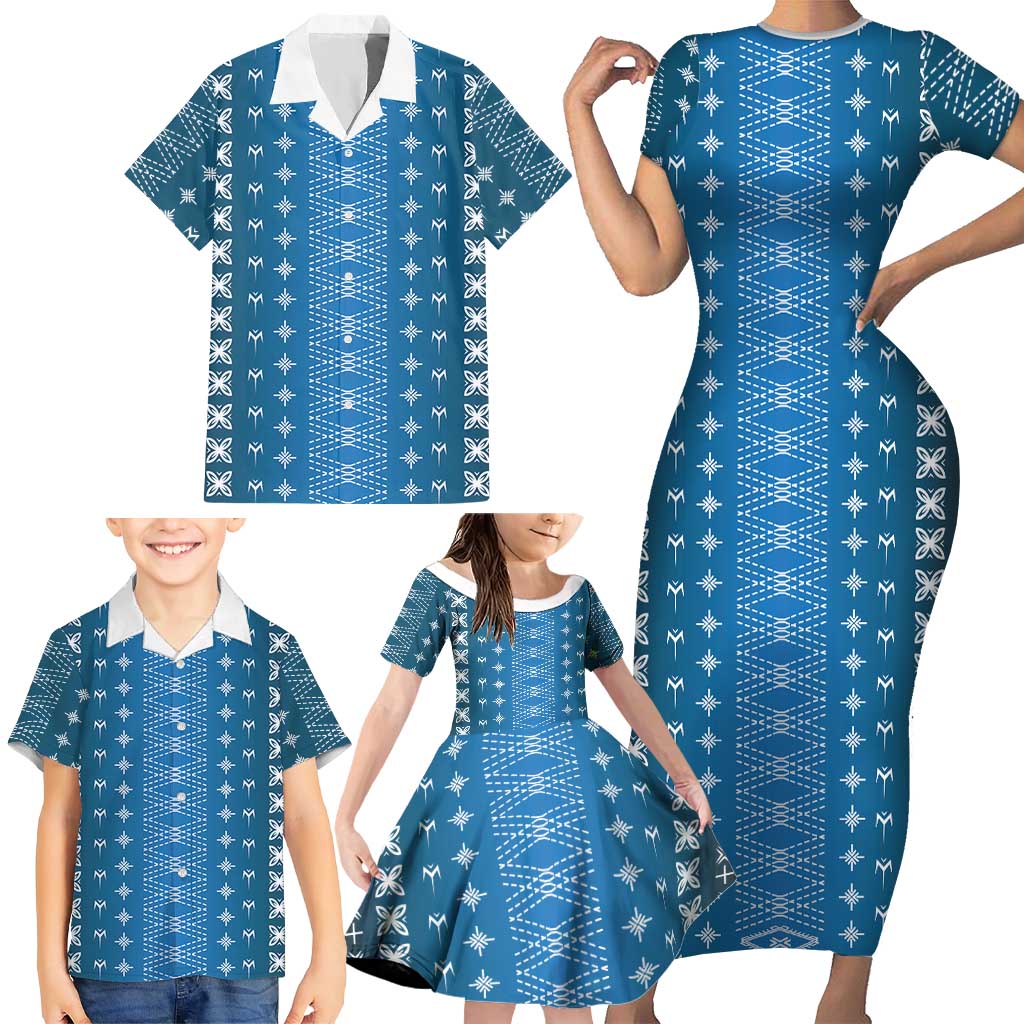 Blue Samoa Malu Tattoo Inspired Family Matching Short Sleeve Bodycon Dress and Hawaiian Shirt - Polynesian Pride