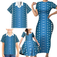 Blue Samoa Malu Tattoo Inspired Family Matching Short Sleeve Bodycon Dress and Hawaiian Shirt - Polynesian Pride