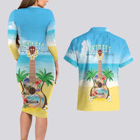 Hawaiian Ukulele Couples Matching Long Sleeve Bodycon Dress and Hawaiian Shirt Sound Of Happiness