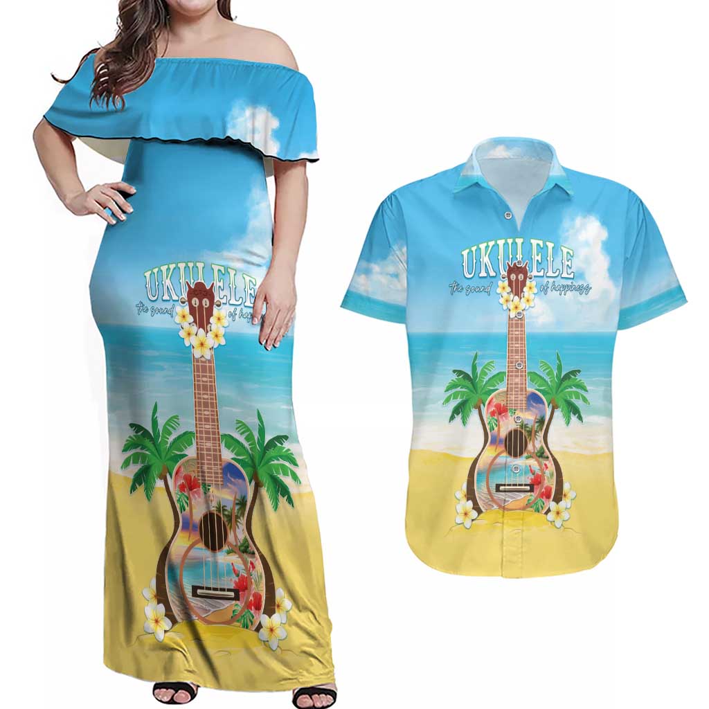 Hawaiian Ukulele Couples Matching Off Shoulder Maxi Dress and Hawaiian Shirt Sound Of Happiness