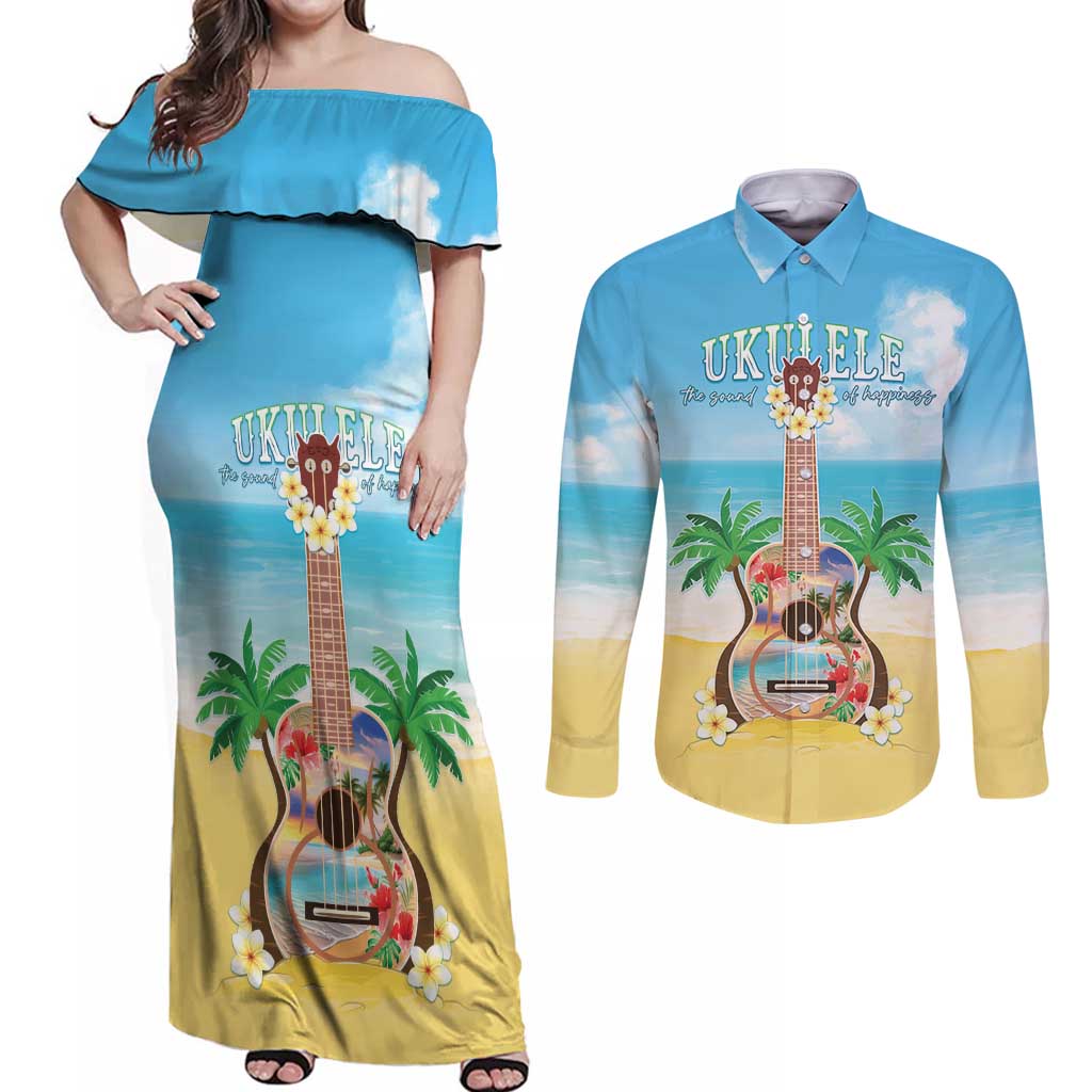 Hawaiian Ukulele Couples Matching Off Shoulder Maxi Dress and Long Sleeve Button Shirt Sound Of Happiness