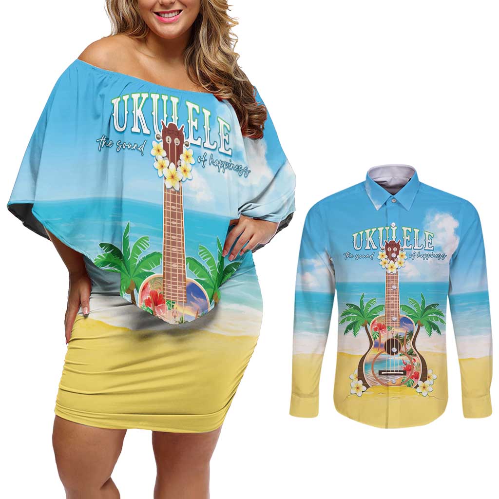 Hawaiian Ukulele Couples Matching Off Shoulder Short Dress and Long Sleeve Button Shirt Sound Of Happiness