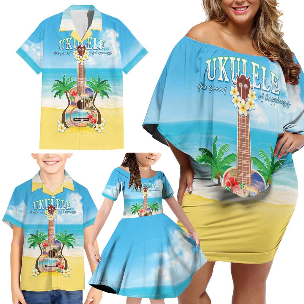Hawaiian Ukulele Family Matching Off Shoulder Short Dress and Hawaiian Shirt Sound Of Happiness