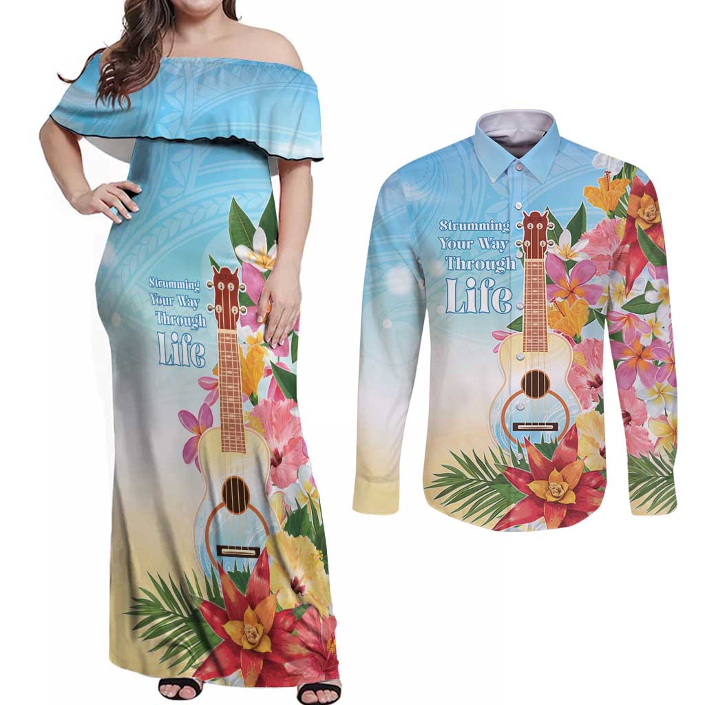 National Ukulele Day Couples Matching Off Shoulder Maxi Dress and Long Sleeve Button Shirt Tropical Vibe LT05 Colorful - Polynesian Pride