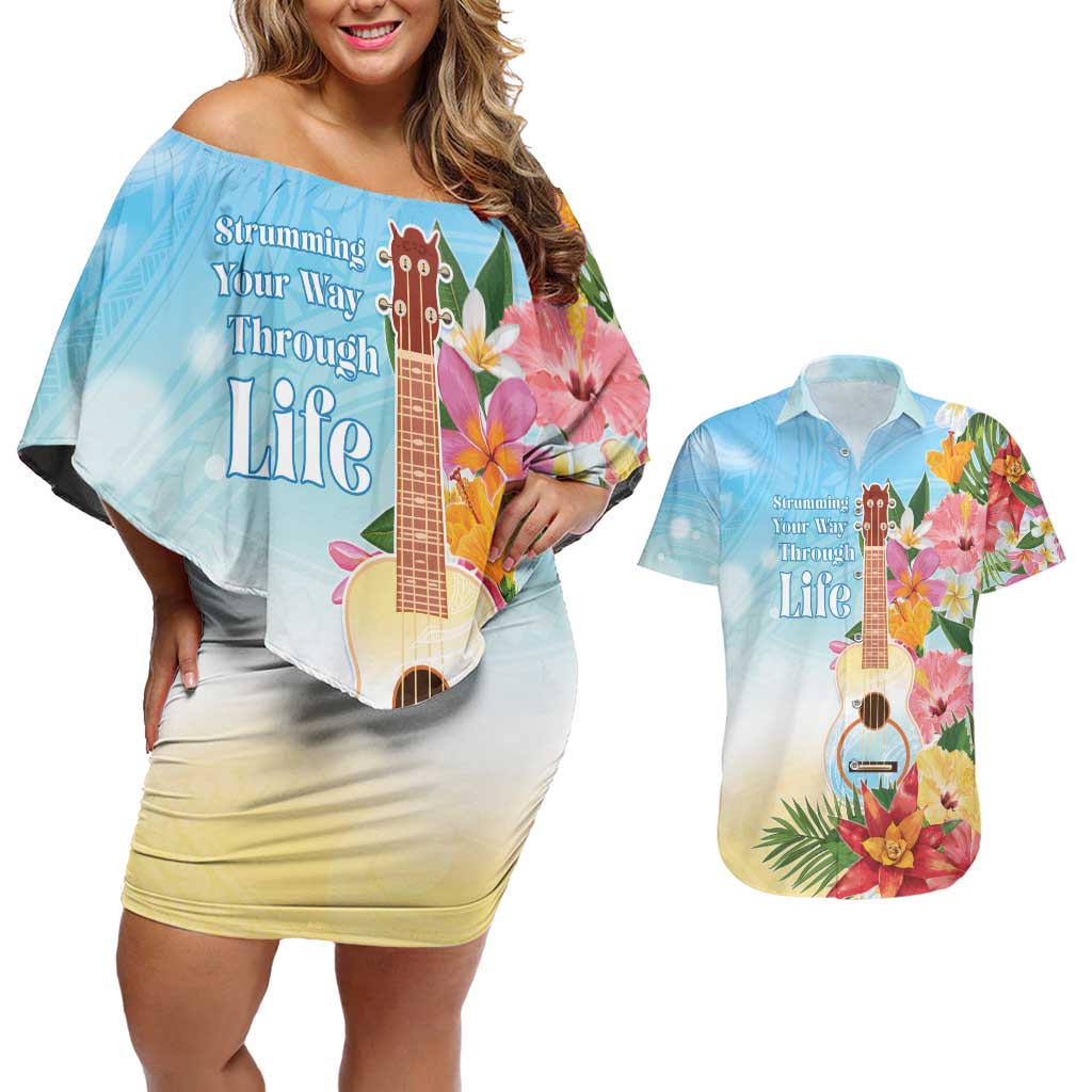 National Ukulele Day Couples Matching Off Shoulder Short Dress and Hawaiian Shirt Tropical Vibe