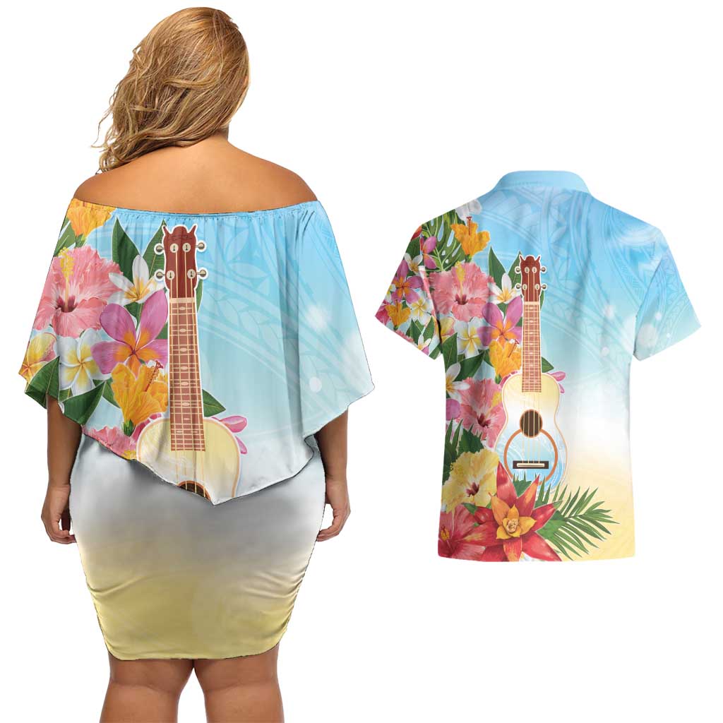 National Ukulele Day Couples Matching Off Shoulder Short Dress and Hawaiian Shirt Tropical Vibe