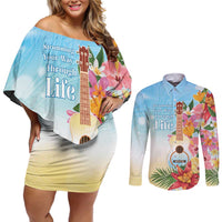 National Ukulele Day Couples Matching Off Shoulder Short Dress and Long Sleeve Button Shirt Tropical Vibe