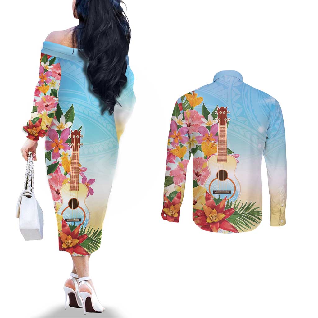 National Ukulele Day Couples Matching Off The Shoulder Long Sleeve Dress and Long Sleeve Button Shirt Tropical Vibe LT05 - Polynesian Pride