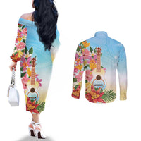 National Ukulele Day Couples Matching Off The Shoulder Long Sleeve Dress and Long Sleeve Button Shirt Tropical Vibe LT05 - Polynesian Pride