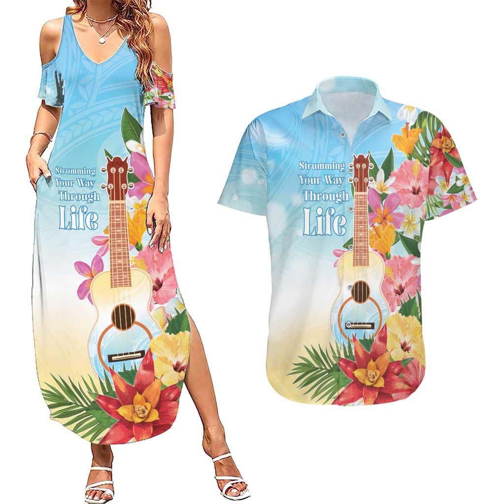 National Ukulele Day Couples Matching Summer Maxi Dress and Hawaiian Shirt Tropical Vibe