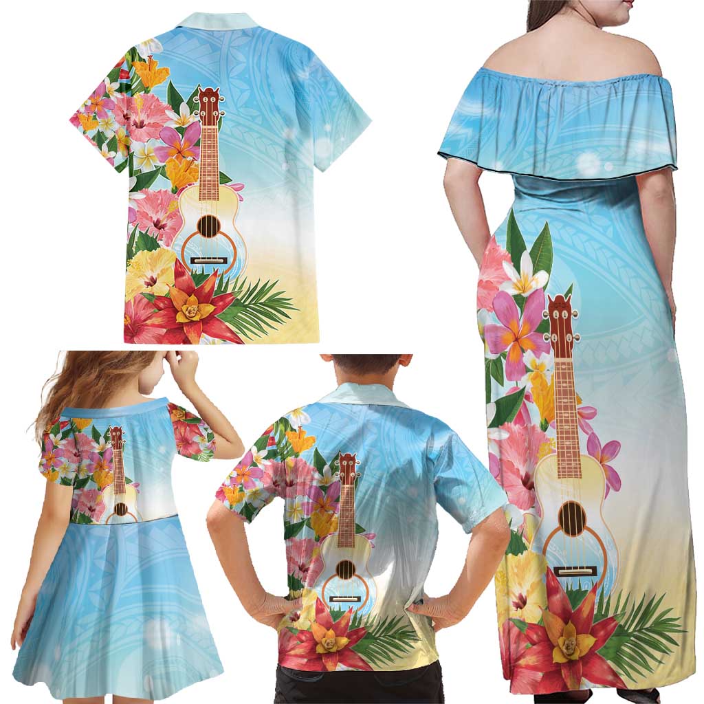 National Ukulele Day Family Matching Off Shoulder Maxi Dress and Hawaiian Shirt Tropical Vibe