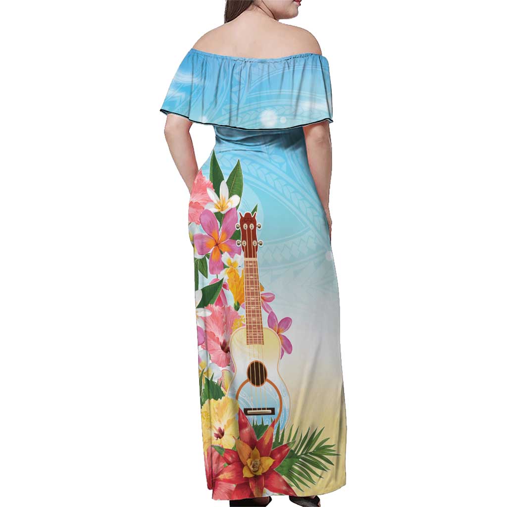 National Ukulele Day Family Matching Off Shoulder Maxi Dress and Hawaiian Shirt Tropical Vibe