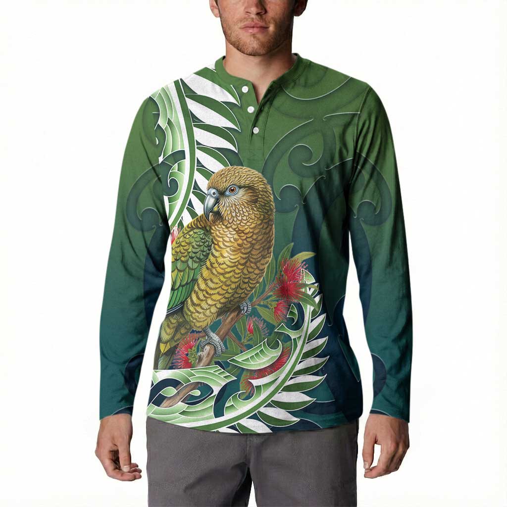 New Zealand Kea Bird Button Sweatshirt With Maori Koru Fern - Polynesian Pride