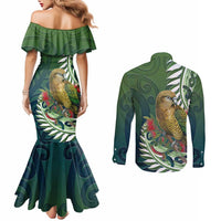 New Zealand Kea Bird Couples Matching Mermaid Dress and Long Sleeve Button Shirt With Maori Koru Fern LT05 - Polynesian Pride
