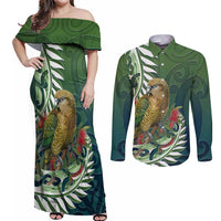 New Zealand Kea Bird Couples Matching Off Shoulder Maxi Dress and Long Sleeve Button Shirt With Maori Koru Fern LT05 Green - Polynesian Pride
