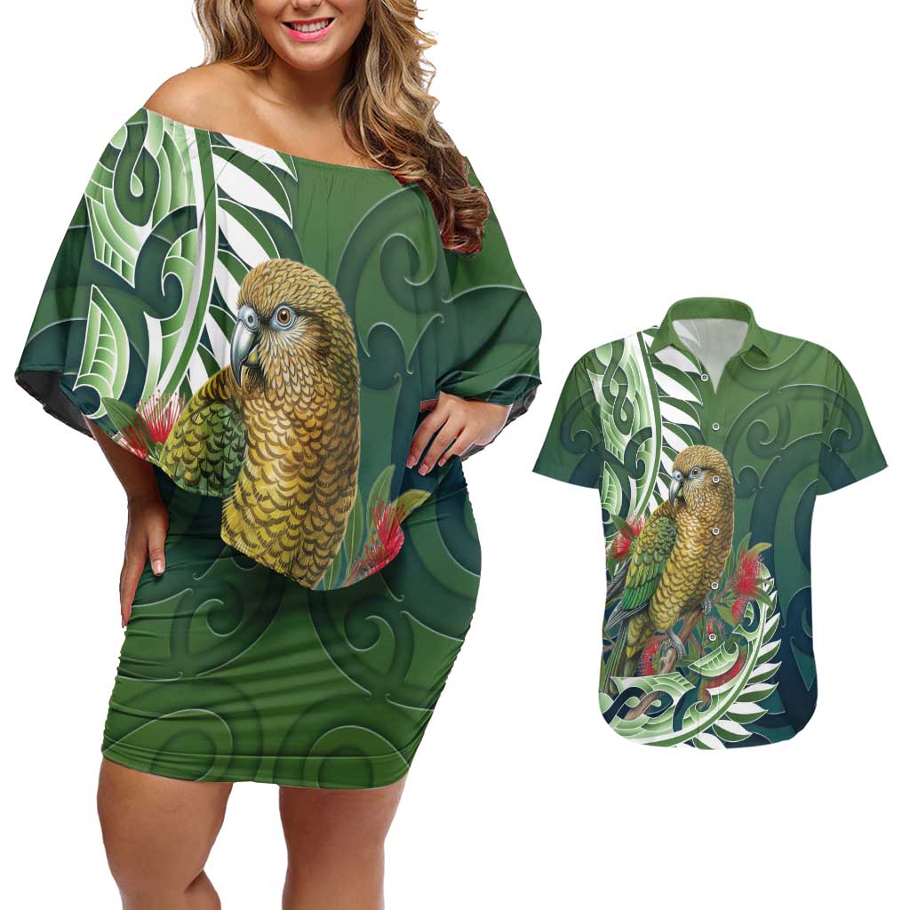 New Zealand Kea Bird Couples Matching Off Shoulder Short Dress and Hawaiian Shirt With Maori Koru Fern LT05 Green - Polynesian Pride