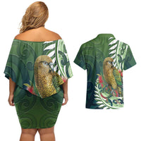 New Zealand Kea Bird Couples Matching Off Shoulder Short Dress and Hawaiian Shirt With Maori Koru Fern LT05 - Polynesian Pride
