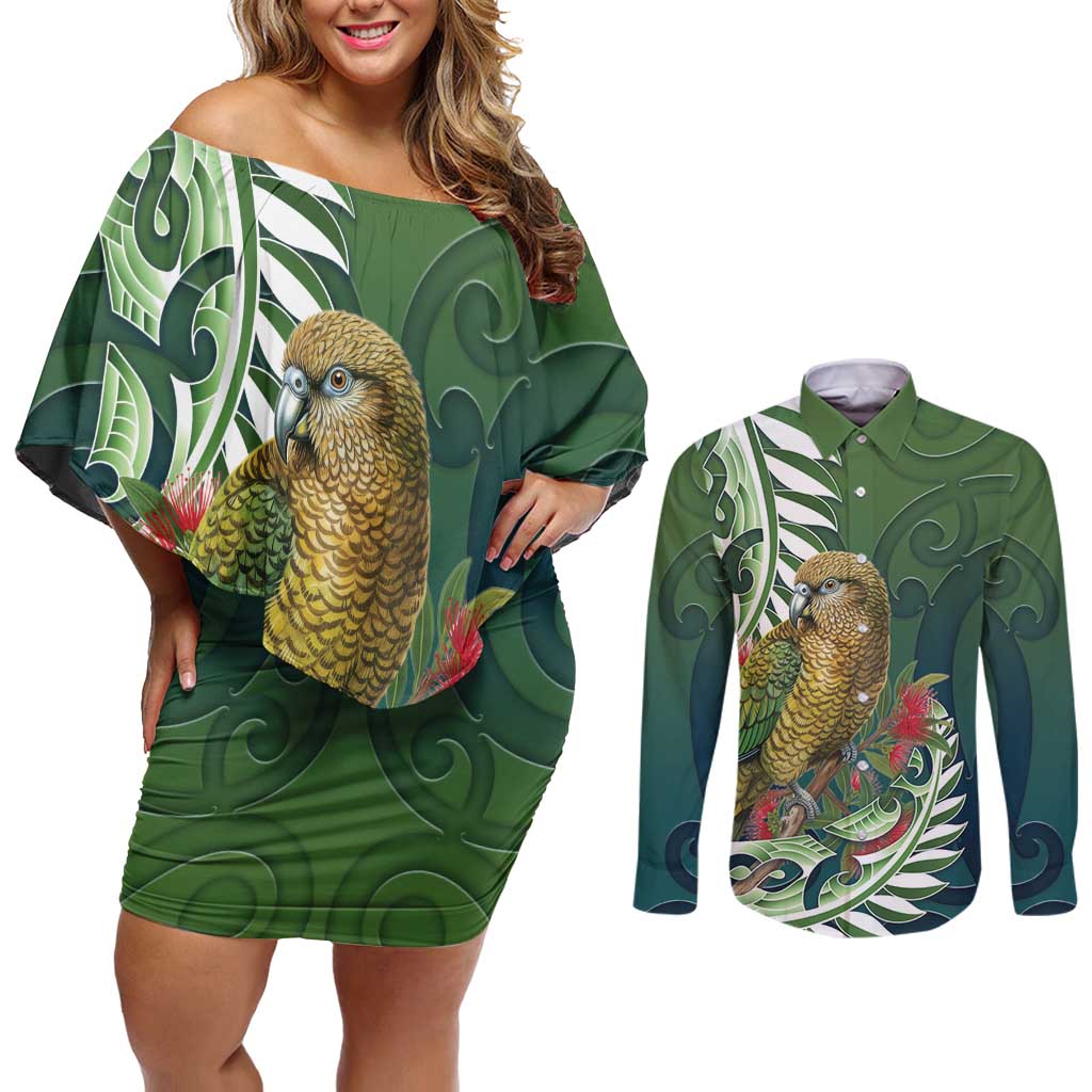 New Zealand Kea Bird Couples Matching Off Shoulder Short Dress and Long Sleeve Button Shirt With Maori Koru Fern LT05 Green - Polynesian Pride