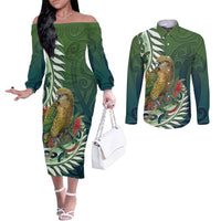 New Zealand Kea Bird Couples Matching Off The Shoulder Long Sleeve Dress and Long Sleeve Button Shirt With Maori Koru Fern LT05 Green - Polynesian Pride