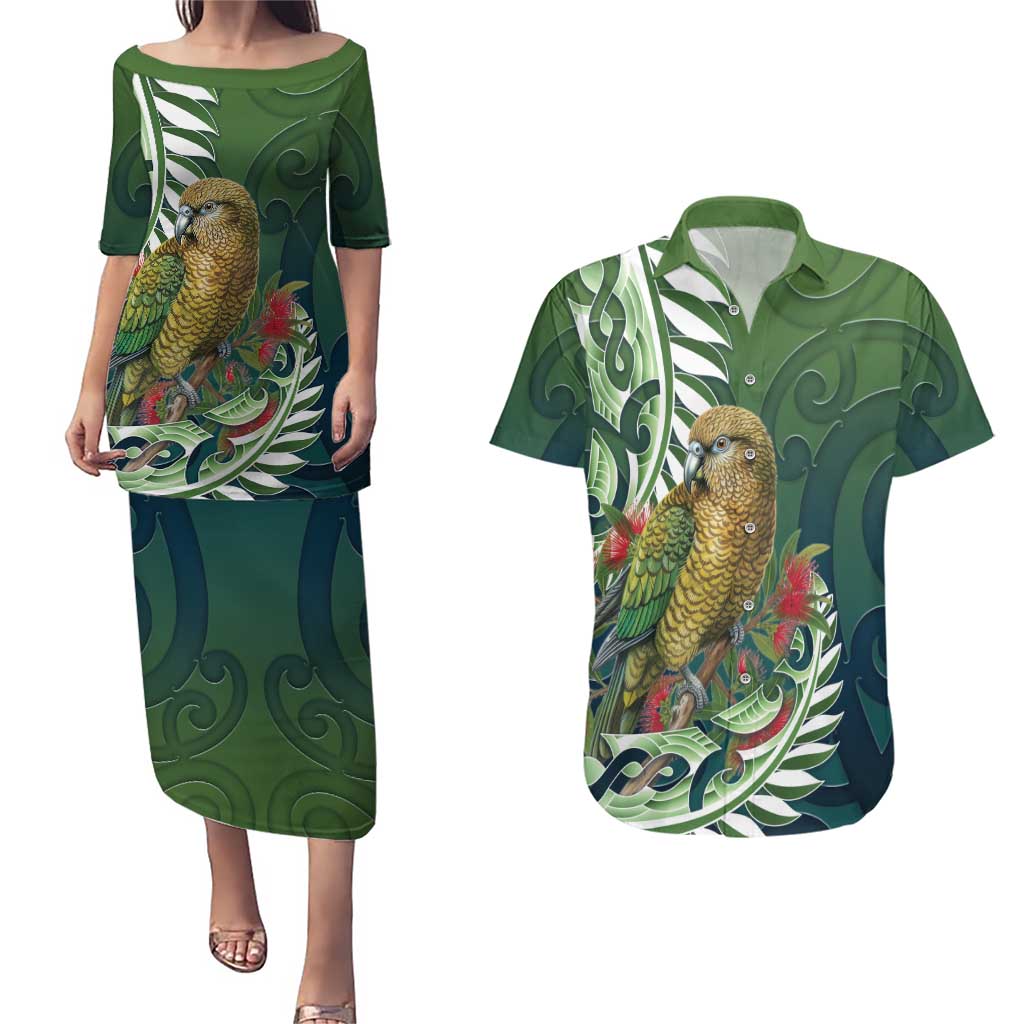 New Zealand Kea Bird Couples Matching Puletasi and Hawaiian Shirt With Maori Koru Fern - Polynesian Pride
