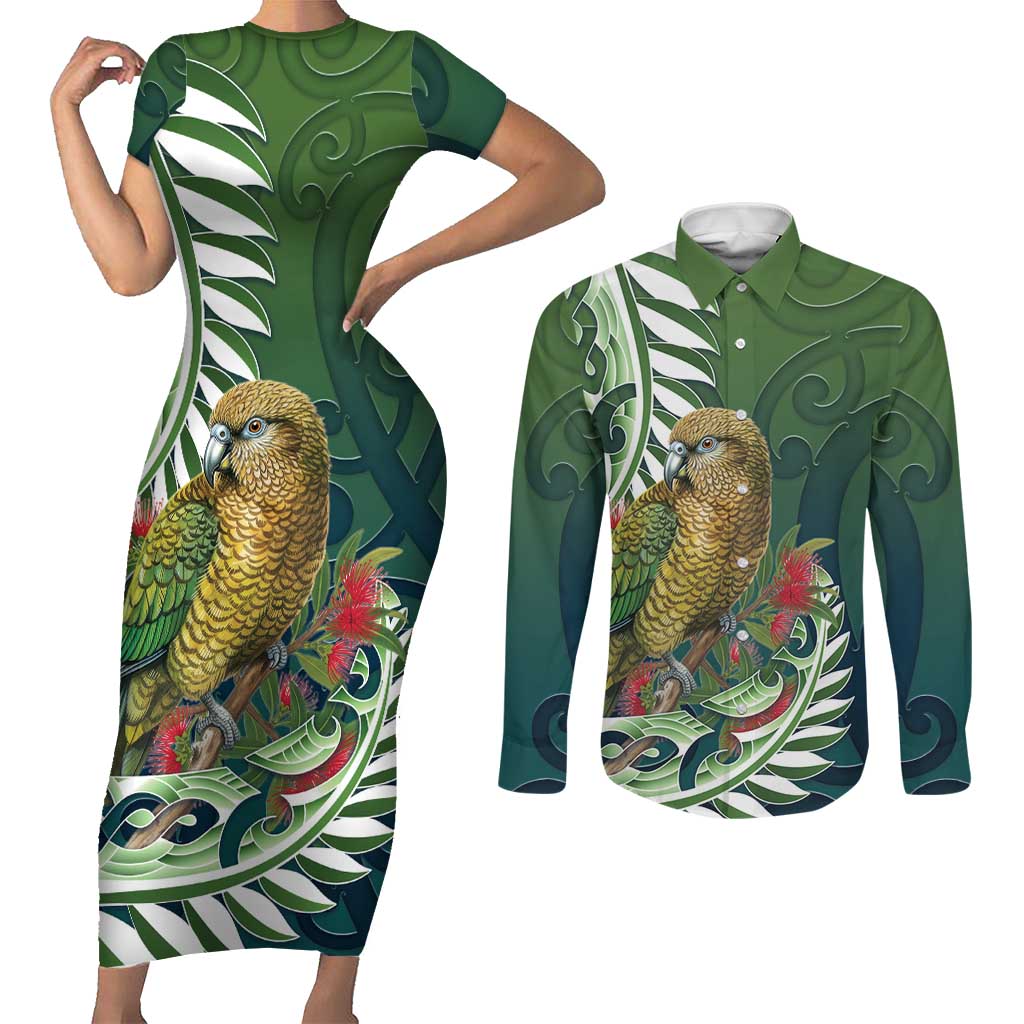 New Zealand Kea Bird Couples Matching Short Sleeve Bodycon Dress and Long Sleeve Button Shirt With Maori Koru Fern LT05 Green - Polynesian Pride