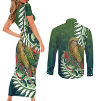 New Zealand Kea Bird Couples Matching Short Sleeve Bodycon Dress and Long Sleeve Button Shirt With Maori Koru Fern LT05 - Polynesian Pride