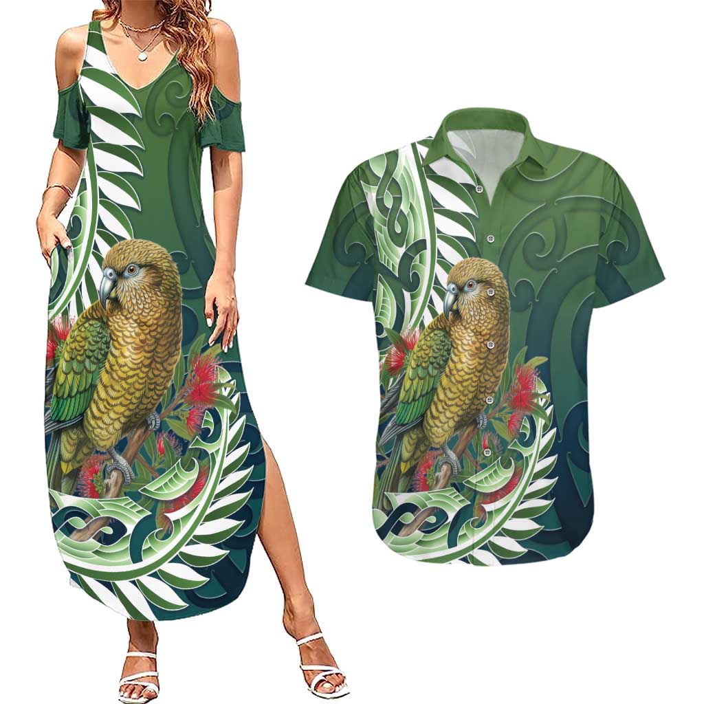 New Zealand Kea Bird Couples Matching Summer Maxi Dress and Hawaiian Shirt With Maori Koru Fern LT05 Green - Polynesian Pride