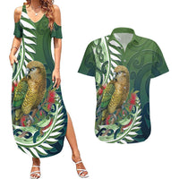 New Zealand Kea Bird Couples Matching Summer Maxi Dress and Hawaiian Shirt With Maori Koru Fern LT05 Green - Polynesian Pride