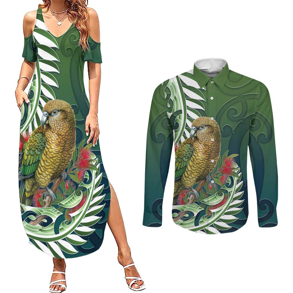 New Zealand Kea Bird Couples Matching Summer Maxi Dress and Long Sleeve Button Shirt With Maori Koru Fern LT05 Green - Polynesian Pride