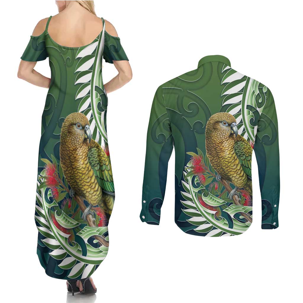 New Zealand Kea Bird Couples Matching Summer Maxi Dress and Long Sleeve Button Shirt With Maori Koru Fern LT05 - Polynesian Pride