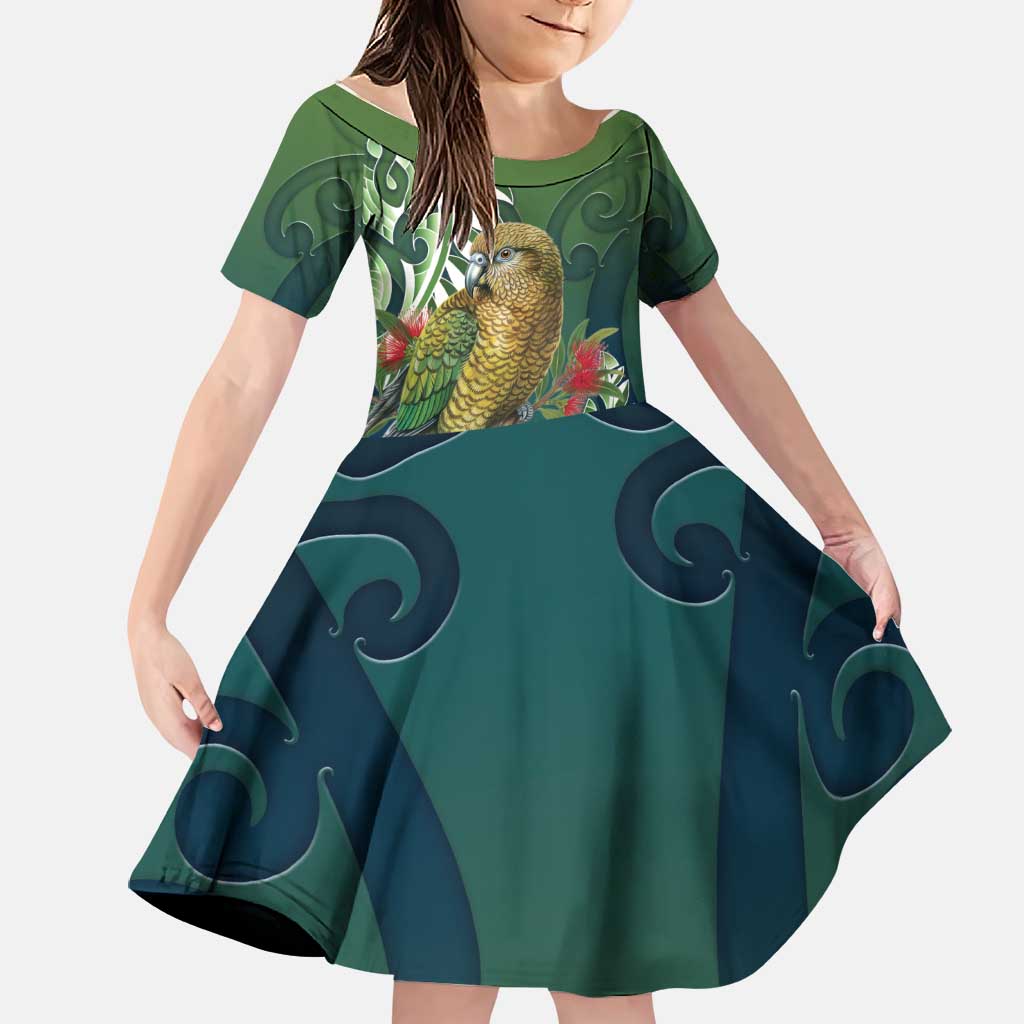 New Zealand Kea Bird Family Matching Long Sleeve Bodycon Dress and Hawaiian Shirt With Maori Koru Fern LT05 Daughter's Dress Green - Polynesian Pride