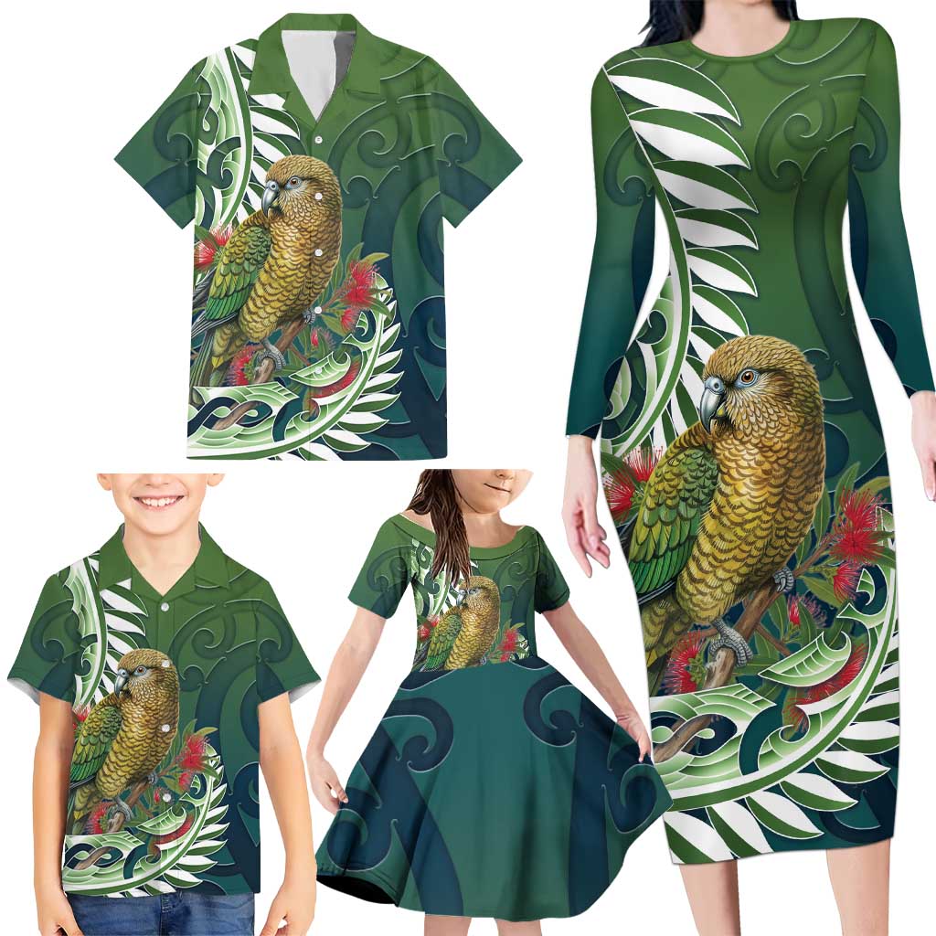 New Zealand Kea Bird Family Matching Long Sleeve Bodycon Dress and Hawaiian Shirt With Maori Koru Fern - Polynesian Pride