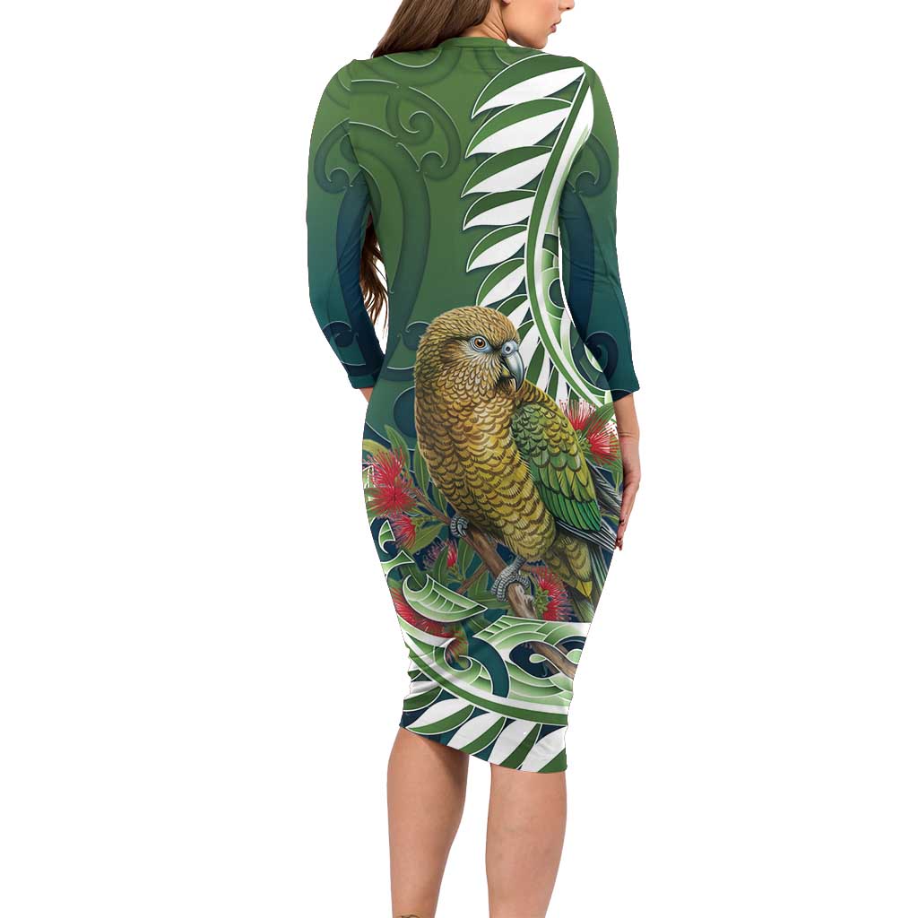 New Zealand Kea Bird Family Matching Long Sleeve Bodycon Dress and Hawaiian Shirt With Maori Koru Fern LT05 - Polynesian Pride