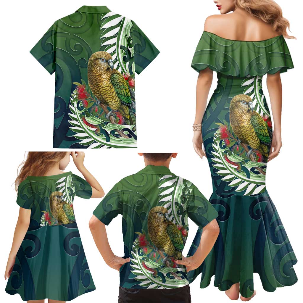 New Zealand Kea Bird Family Matching Mermaid Dress and Hawaiian Shirt With Maori Koru Fern LT05 - Polynesian Pride