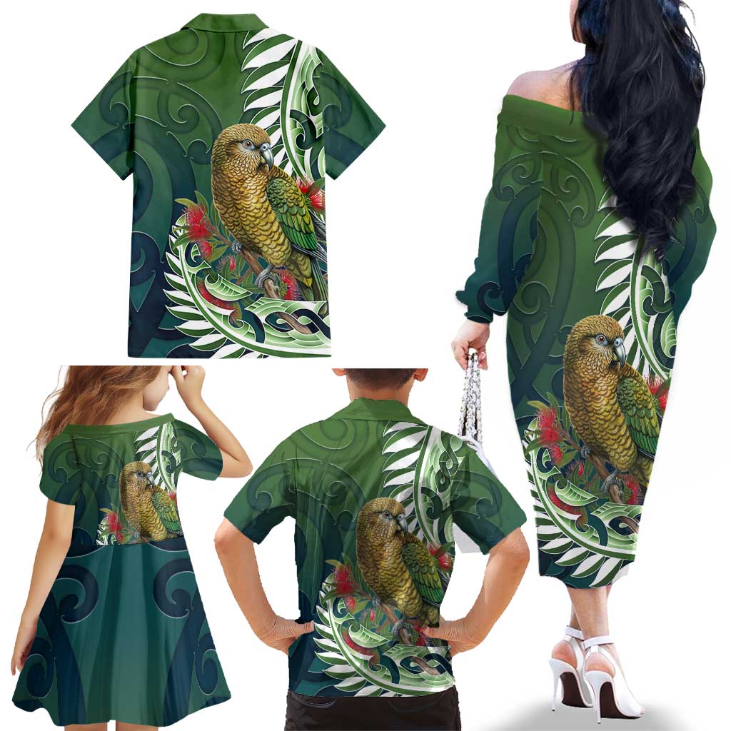New Zealand Kea Bird Family Matching Off The Shoulder Long Sleeve Dress and Hawaiian Shirt With Maori Koru Fern LT05 - Polynesian Pride