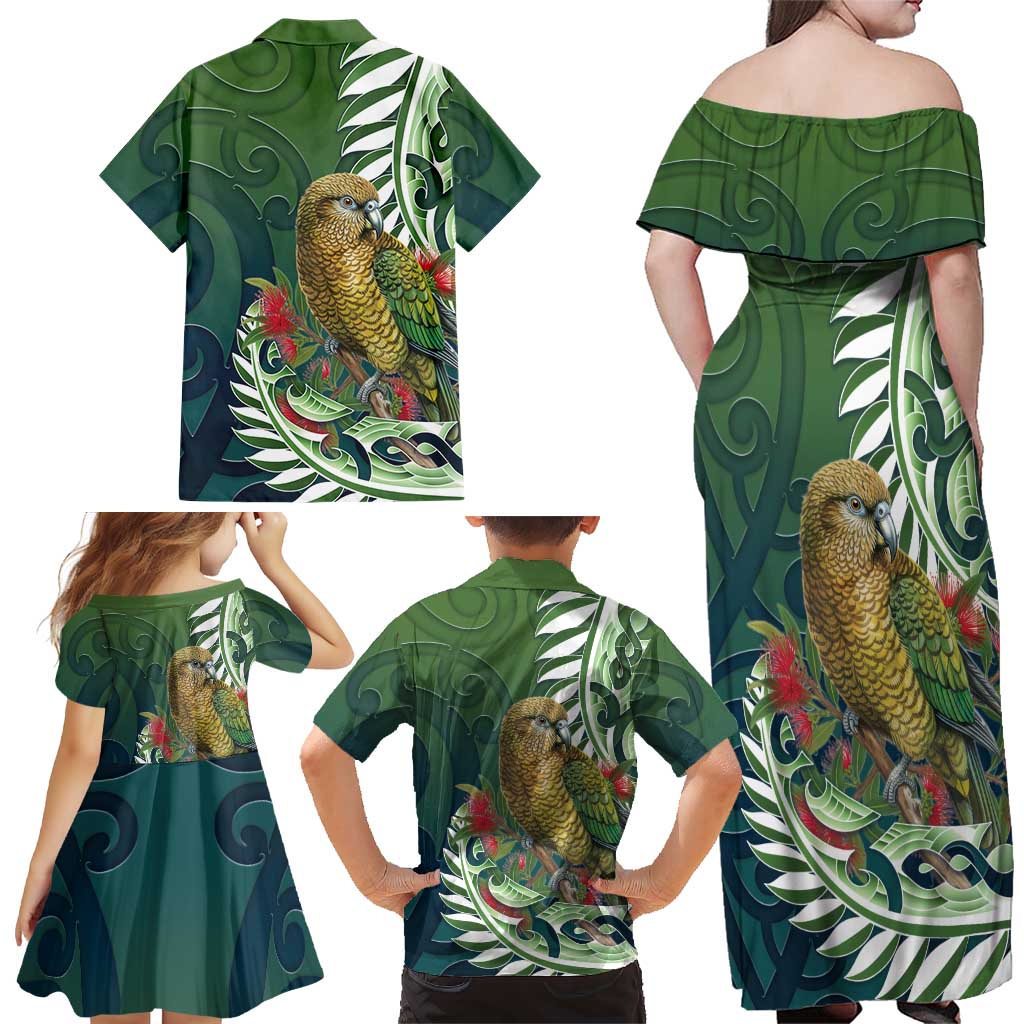 New Zealand Kea Bird Family Matching Off Shoulder Maxi Dress and Hawaiian Shirt With Maori Koru Fern LT05 - Polynesian Pride