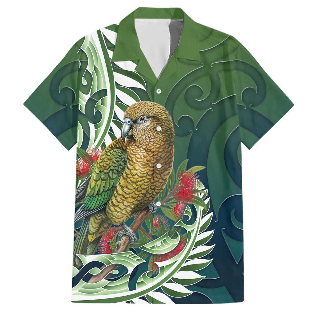 New Zealand Kea Bird Family Matching Off Shoulder Maxi Dress and Hawaiian Shirt With Maori Koru Fern LT05 Dad's Shirt - Short Sleeve Green - Polynesian Pride